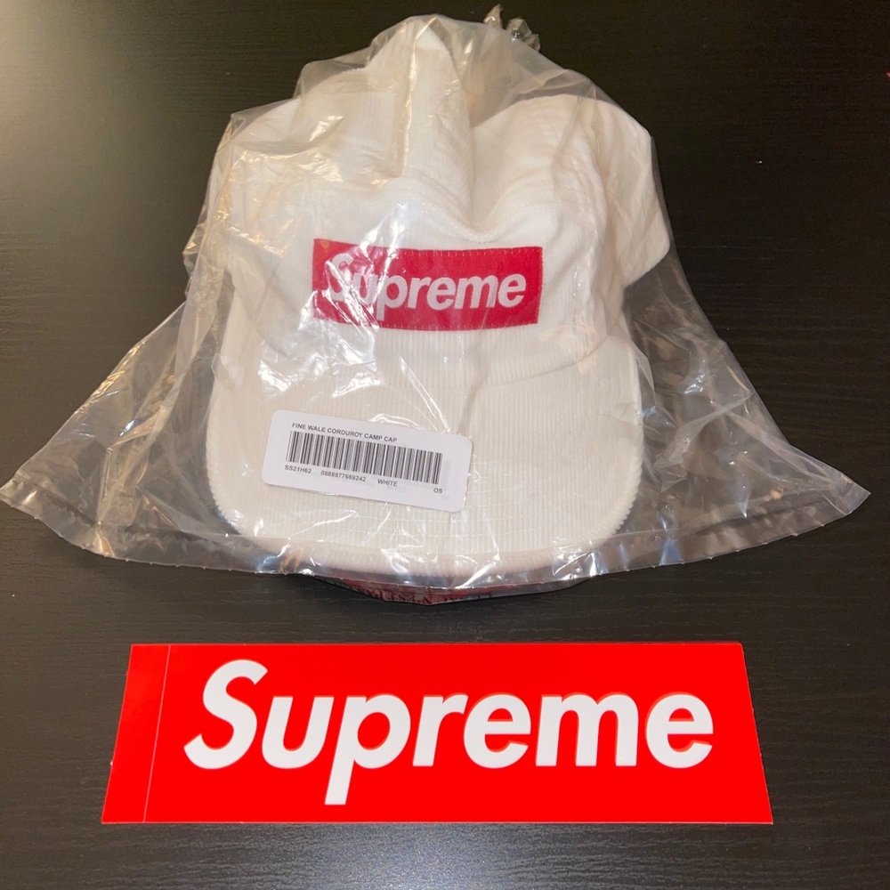 Supreme white corduroy hat w/ brown leather strap